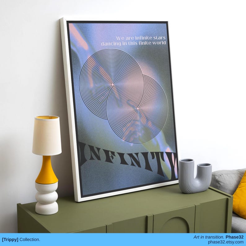 Close-up of the “Infinity” print highlighting swirling optical illusion design in black frame.