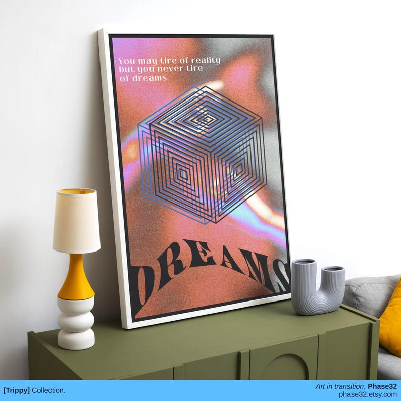 Art print hung above a black console table, featuring warped 3D grid lines and typographic surrealism on a glowing, colorful background.