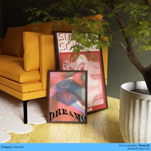 Unframed poster print leaning against a yellow chair and white planter, surrounded by plants in a cozy, artistic living space.