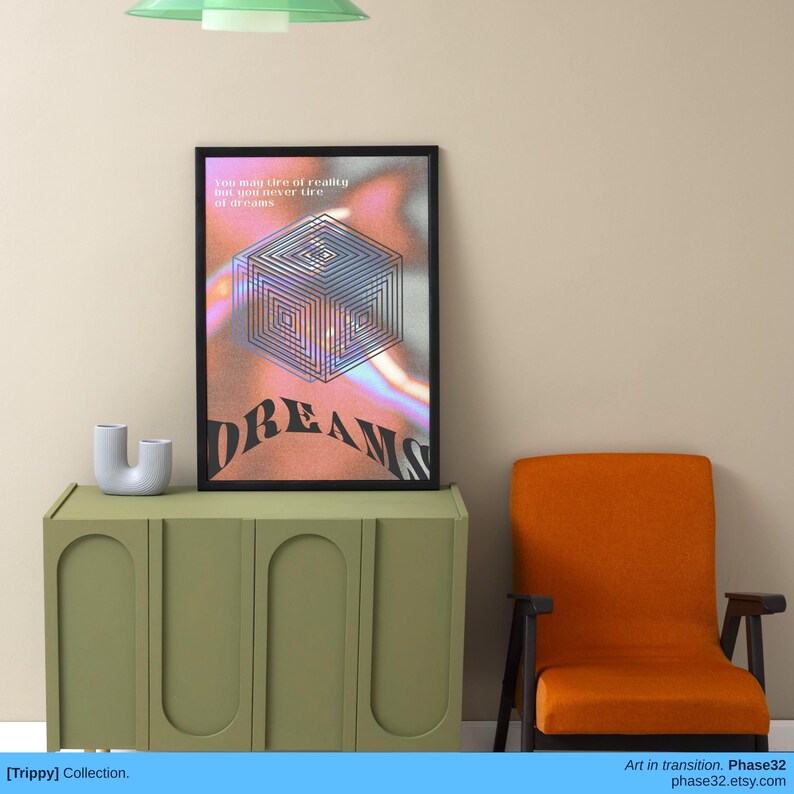 Print staged in a mid-century modern space with a vibrant orange chair and green cabinet, showing the soft fade of dreamlike colors.
