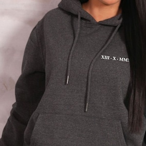 Personalised Roman Numeral Hoodie Valentines Gift Anniversary Gift, Anniversary Hoodie, Matching Couple Hoodie, Custom Sweatshirt,Bride Gift Dark Grey