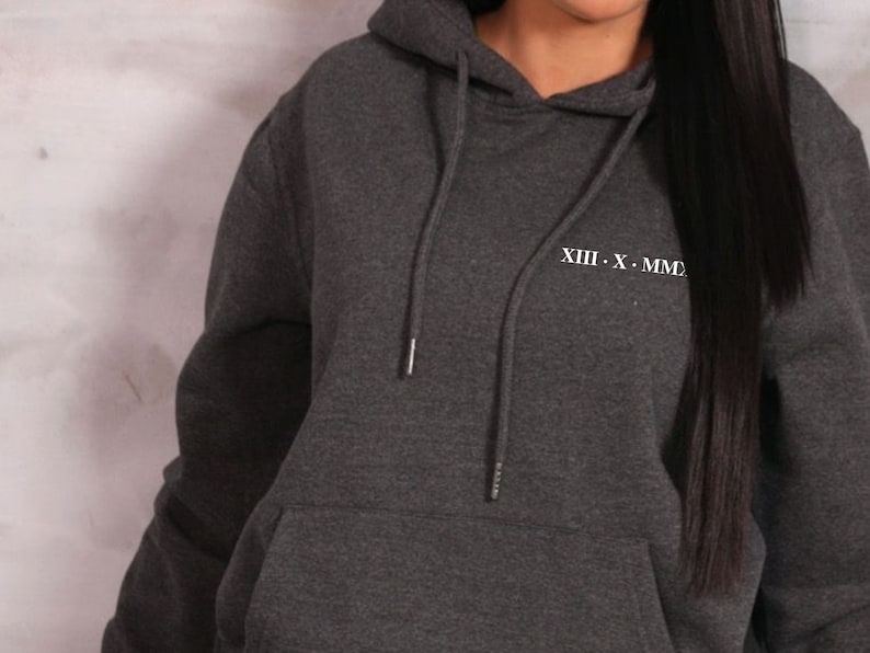 Personalised Roman Numeral Hoodie Valentines Gift Anniversary Gift, Anniversary Hoodie, Matching Couple Hoodie, Custom Sweatshirt,Bride Gift Dark Grey