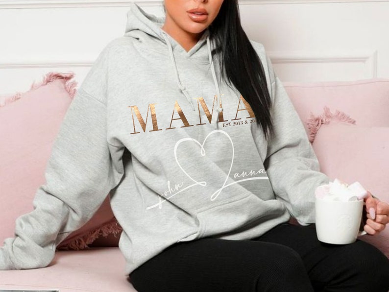 Hoodie MAMA Personalisiert mit Kindernamen, MOM Hoodie Muttertags Geschenk, Muttertag, Mum Sweatshirt, Geburtsjahr Mama Baby Shower Geschenk Hellgrau