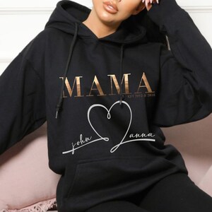 Hoodie MAMA Personalisiert mit Kindernamen, MOM Hoodie Muttertags Geschenk, Muttertag, Mum Sweatshirt, Geburtsjahr Mama Baby Shower Geschenk Schwarz