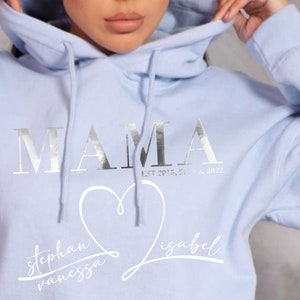 Sweat à capuche MAMA Personalisiert mit Kindernamen, MOM Hoodie Muttertags Geschenk, Muttertag, sweat-shirt pour maman, Geburtsjahr Mama Baby Shower Geschenk Hellblau