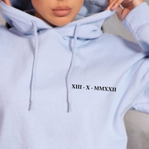 Personalised Roman Numeral Hoodie Valentines Gift Anniversary Gift, Anniversary Hoodie, Matching Couple Hoodie, Custom Sweatshirt,Bride Gift Light Blue