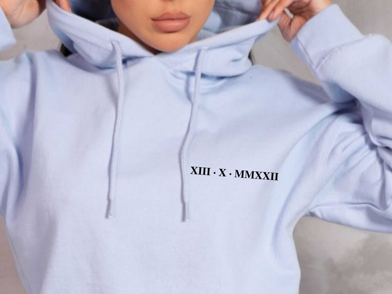 Personalised Roman Numeral Hoodie Valentines Gift Anniversary Gift, Anniversary Hoodie, Matching Couple Hoodie, Custom Sweatshirt,Bride Gift Light Blue