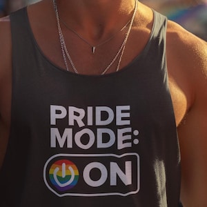 Pride Mode ON Tank Top, LGBTQ+ Rainbow Power Button Graphic Unisex Shirt, Festival Pride Apparel, Summer Pride Outfit, Gay Sleeveless Tee