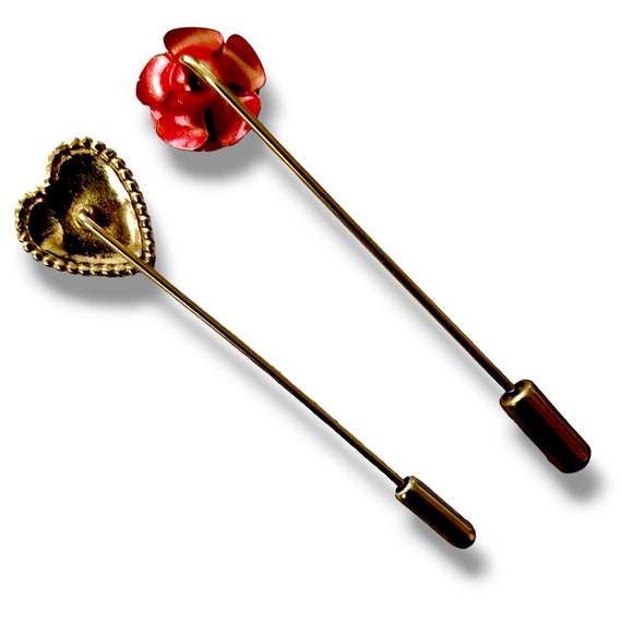 1950s Pair of Rose and Heart Enameled Goldtone St… - image 2