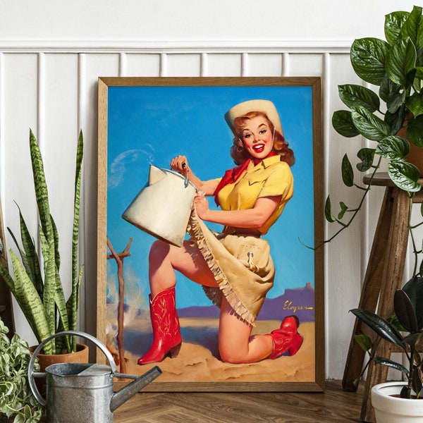 Cow Girl Poster - Vintage Gil Elvgren Wall Decor - Colorfull Cow Girl Print