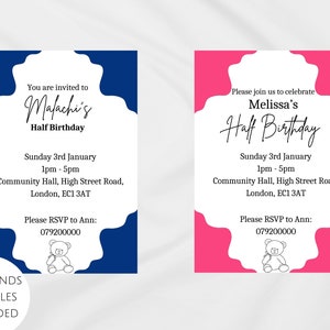 1/2 Half Birthday Invitation Printable Pink and Blue Baby&#39;s Party Invite Editable Digital Download Template