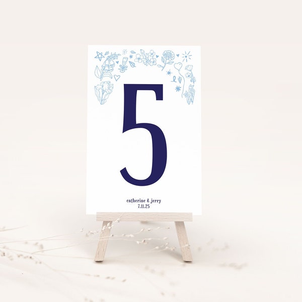 Floral wedding table numbers template, Editable wedding reception flower table numbers, Simple and Hand drawn garden party table cards