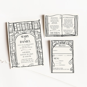 Literary themed wedding invitation suite, Handwritten wedding template, library reply and details card, book lovers whimsical wedding invite