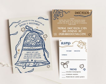 Vintage Wedding Bells Invitation Template, Editable Retro Wedding Invitation reply and details card, Hand Drawn Whimsical Wedding Invite