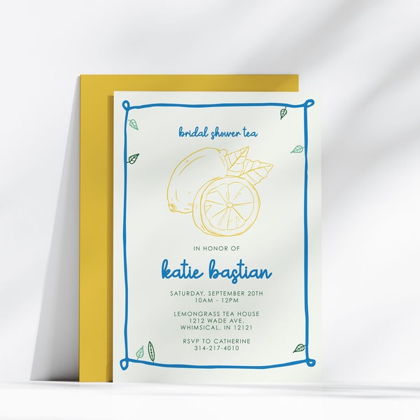 Lemon Bridal Shower Invitation Template, whimsical citrus hand drawn digital shower tea invite, editable bridal shower brunch illustration