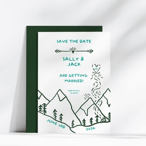 Mariage en montagne, réservez le modèle, montagnes rustiques dessinées à la main, camping fantaisiste modifiable, réservez la carte de date imprimable