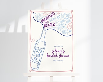 Petals and Prosecco Bridal Shower Welcome Sign Template, whimsical hand drawn brunch digital shower invite, colorful brunch and bubbly