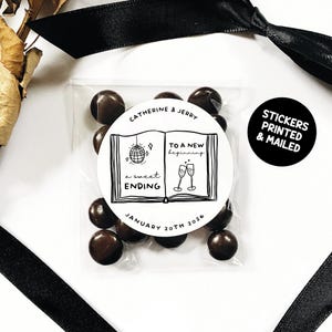 Een mooi einde aan een nieuw begin Stickers bruiloft, gunstlabels boekthema, handgetekende literaire bedanklabels