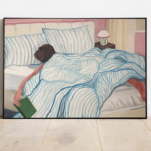 Impresión artística "Leyendo en la cama", pintura al óleo original escaneada y disponible como imagen digital, arte para el dormitorio, arte colorido, pintura al óleo