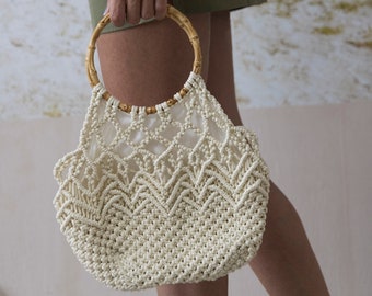Stunning boho handmade macrame handbag with bamboo handles, Summer bag, Handle bag, Ivory color