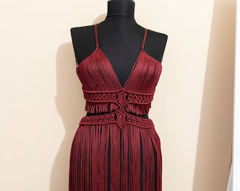 Super chick, V neck, macrame long dress Burgundy, Festival wear, Special occasion, Handmade dress,