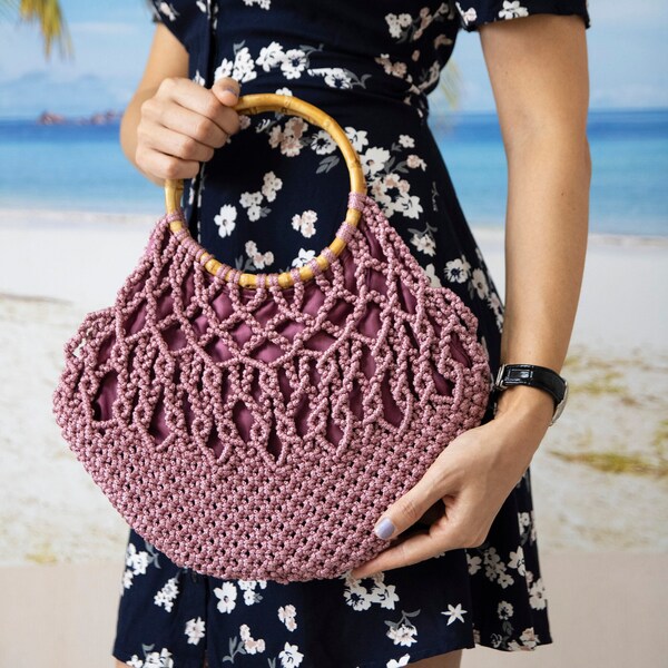 Superbe sac à main bohème fait main en macramé avec poignées en bambou, sac d'été, sac à main, rose