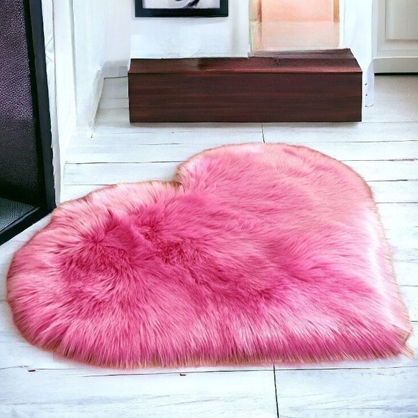 Heart Shaped Living Room Rug, Faux Fur Rug For Bedroom Decor, Cute Handmade Shag Rug, Heart Decor, Cute Housewarming Gift