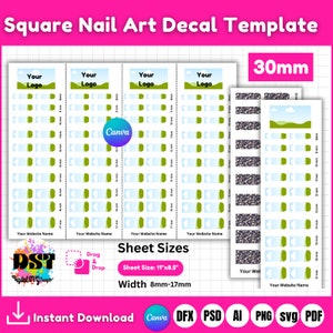 30mm square Nail Art Decal Template, Nail Art Svg,  Nail Design Template, Nail Blank Template, Waterslide Nail Decals, Nail Wrap mockup