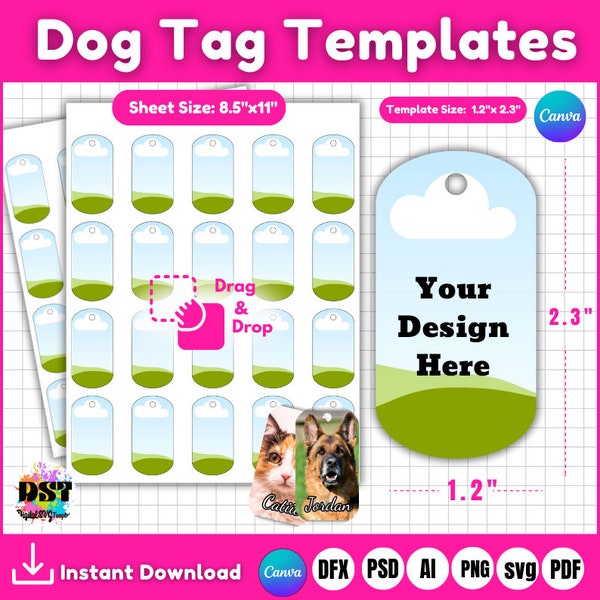 30mm x 60mm Dog Tag Template, Bone Tag Template, Dog Tag Svg, Pet ID Tag,  Dog Tag Sublimation Template, Canva Frame Dog Tag Label , Mockups