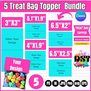 5 Treat Bag Topper Template Bundle, Editable Treat Bag Label, Party Favor Label, Treat Bag Sticker Template,Treat Bag Wrapper,Chip Bag Label