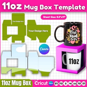 Plantilla de caja para taza de 11 oz, plantilla de soporte para taza, plantilla de caja para taza con ventana, caja cuadrada, plantilla de caja para taza SVG, caja para taza DIY, caja de regalo para taza, maqueta