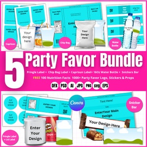 5 Party Favor Template Mockup, Party Favor Chip Bag Template, Chocolate Bar, Pringles Template, Water Bottle Labels, Canva Editable, SVG