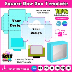 Quadratische Schleifenbox-Vorlage, Fensterbox-Vorlage, Schleifenbox-Svg, Geschenkbox, quadratische Box-Vorlage, DIY Box-Vorlage, Partybevorzugungsbox, Partygeschenke