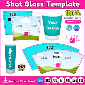 Pacchetto di modelli per bicchierini da shot, modello per bicchierini da shot da 1,5 Oz/2,5 Oz in formato svg, involucro per bicchierini da shot, modello per bicchierini da shot per sublimazione, bomboniere per bicchierini da shot