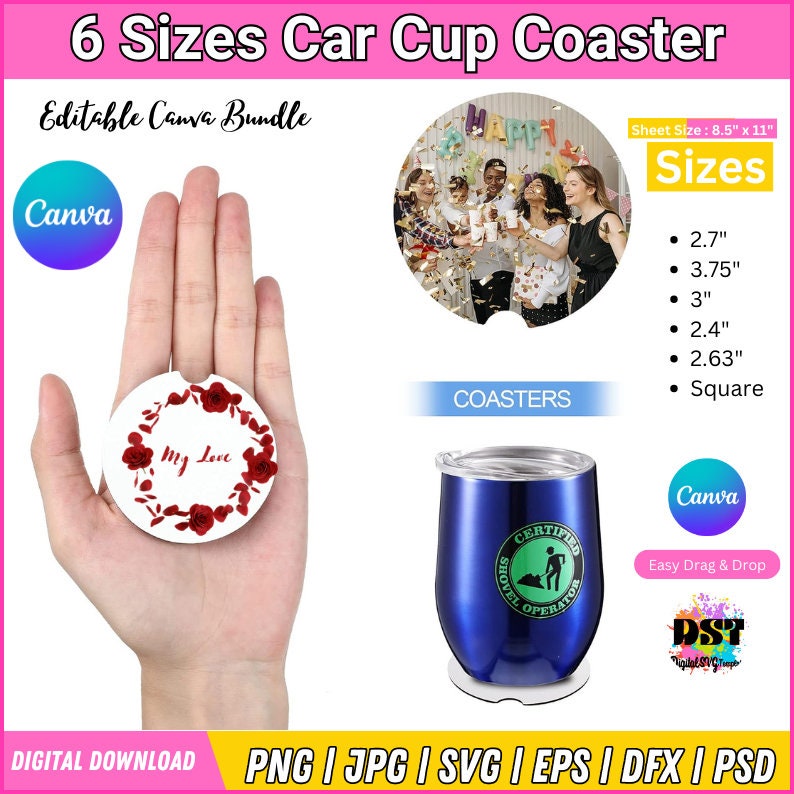 6 Car Coaster Template Bundle, Car Cup Coaster Mockups, Blank Car Canva ...