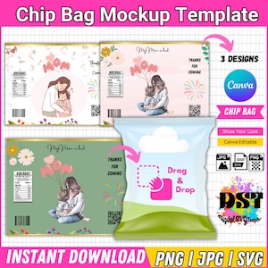 Può includere: Un modello di sacchetto di patatine scaricabile digitalmente con una madre e una figlia che si abbracciano con palloncini che dicono "Mamma" in rosa e bianco. Il testo "La mia mamma è la migliore" e "Grazie per essere venuto" è incluso. Il modello è modificabile in Canva e include file JPG, PNG e SVG.