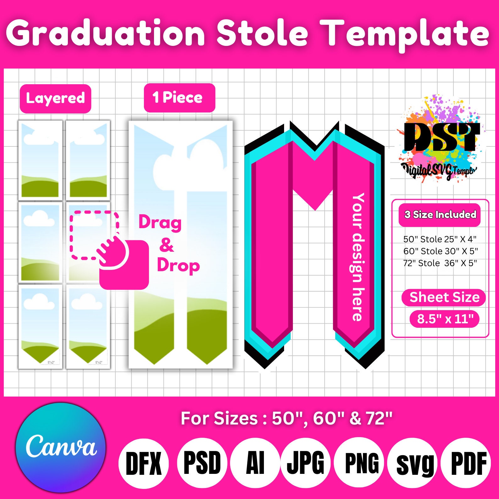 Graduation Stole Template Bundle for Canva Etsy