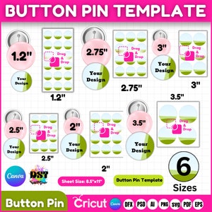 Puede incluir: Una plantilla para crear botones de solapa en seis tamaños diferentes: 1,2 pulgadas, 2 pulgadas, 2,5 pulgadas, 2,75 pulgadas, 3 pulgadas y 3,5 pulgadas. La plantilla incluye un área de arrastrar y soltar para agregar tus propios diseños. La plantilla es compatible con Cricut, Canva, DFX, PSD, AI, PNG, SVG, PDF y EPS.