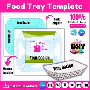 Modello vassoio per alimenti, modello SnackBox, modello vassoio senza colla, SVG vassoio per alimenti, imballaggio vassoio, Canva, PSD, DXF, Png, foglio 8,5"x11", stampabile