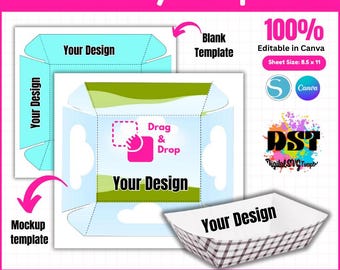 Food Tray Template, SnackBox Template, No Glue Tray Template, Food Tray SVG, Tray Packaging, Canva, PSD, DXF, Png, 8.5&quot;x11&quot; sheet, Printable