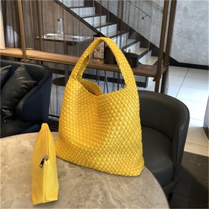 Sacs fourre-tout en cuir tressé faits main pour femme, sac hobo en cuir blanc, sac à main en cuir tressé à la main, sac à bandoulière pour fille, cadeau pour mère/femme Yellow