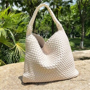 Sacs fourre-tout en cuir tressé faits main pour femme, sac hobo en cuir blanc, sac à main en cuir tressé à la main, sac à bandoulière pour fille, cadeau pour mère/femme Off-white