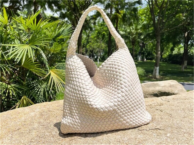 Sacs fourre-tout en cuir tressé faits main pour femme, sac hobo en cuir blanc, sac à main en cuir tressé à la main, sac à bandoulière pour fille, cadeau pour mère/femme Off-white