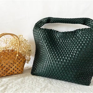 Sacs fourre-tout en cuir tressé faits main pour femme, sac hobo en cuir blanc, sac à main en cuir tressé à la main, sac à bandoulière pour fille, cadeau pour mère/femme Green