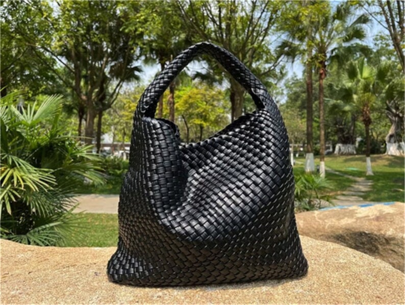 Sacs fourre-tout en cuir tressé faits main pour femme, sac hobo en cuir blanc, sac à main en cuir tressé à la main, sac à bandoulière pour fille, cadeau pour mère/femme Black