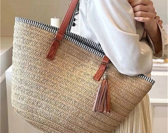 Straw bag-French market bag-straw bag basket-natural straw bag-straw shopper shoulder bag-beach bag-straw beach bags-straw holiday totes