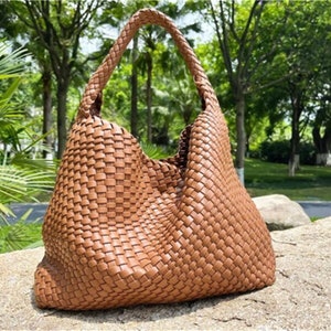 Sacs fourre-tout en cuir tressé faits main pour femme, sac hobo en cuir blanc, sac à main en cuir tressé à la main, sac à bandoulière pour fille, cadeau pour mère/femme Brown