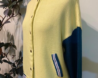 Womens handmade sweaters-Wool Bomber Jacket: Bright Sporty Style -soft sweater – chunky oversized knit pullover – cozy warm winter cardigan
