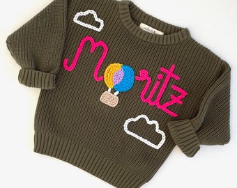 Hand embroidered cotton sweater with custom name + design