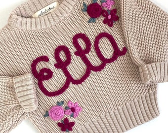 Hand embroidered cotton sweater with custom name/flowers